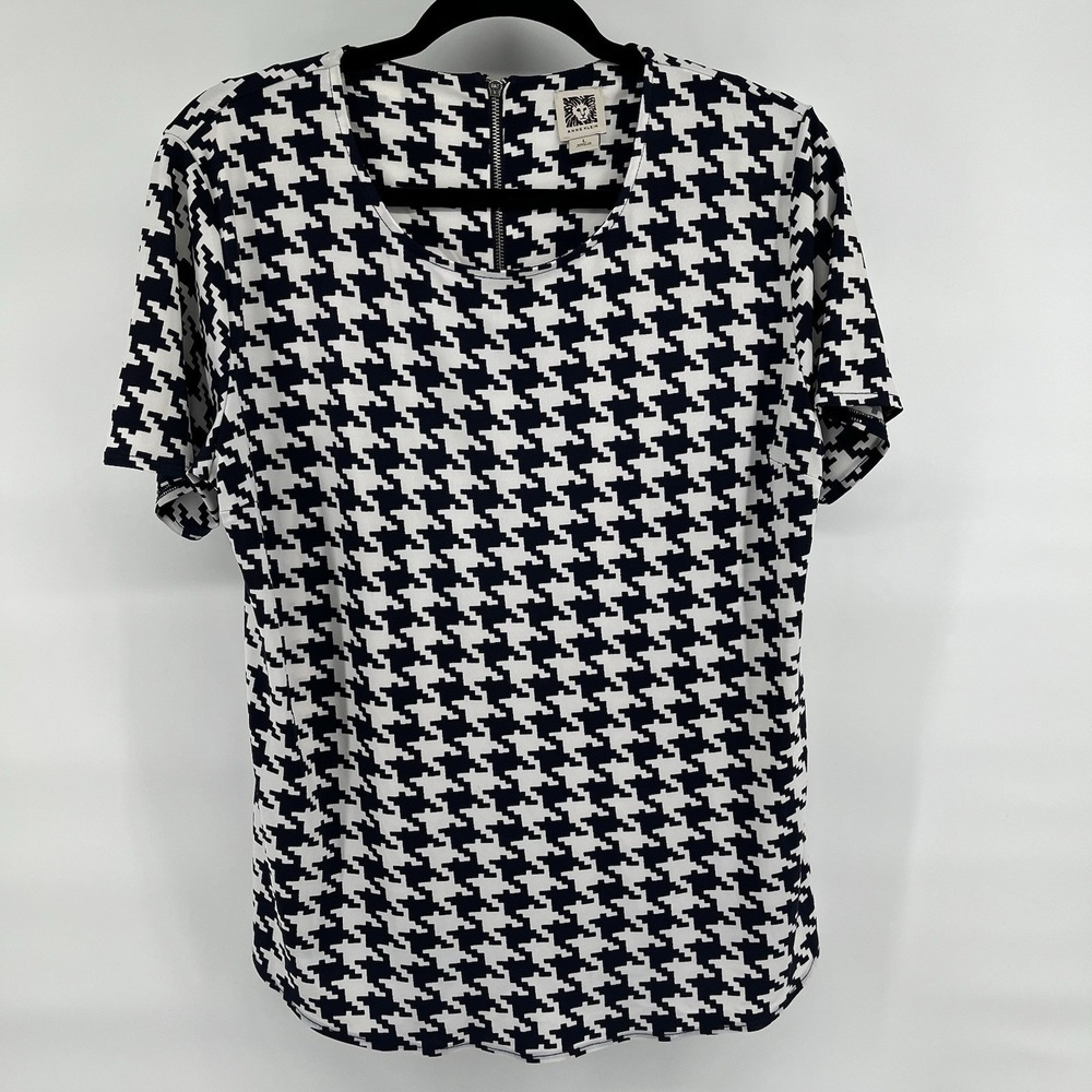 Anne Klein Women's Size Large Blouse Short Sleeve Round Neck Houndstooth Navy